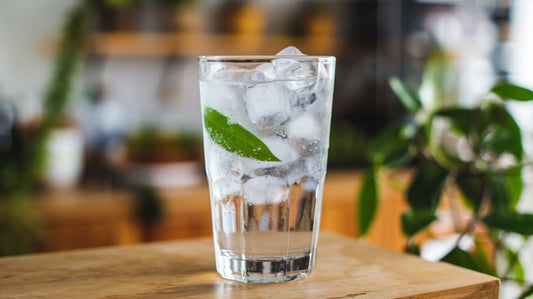 glass of water with ice on a table