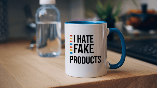 a mug with a text "i hate fake products"