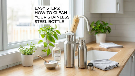 stainless steel bottles on a counter