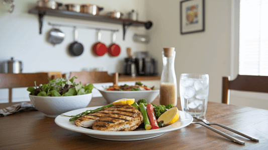 chicken and salad in a plate on a table