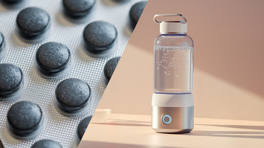 hydrogen water tabs next to a hydrogen water bottle