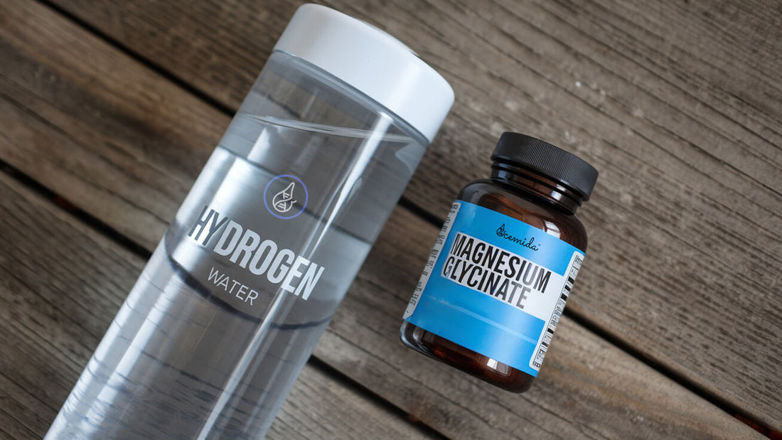 hydrogen water bottle and magnesium glycinate supplement on a table