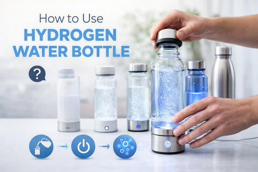 hydrogen water bottles on a counter operated by a man