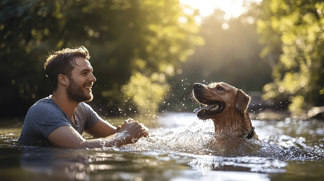 boy and dog hydrating in a lake