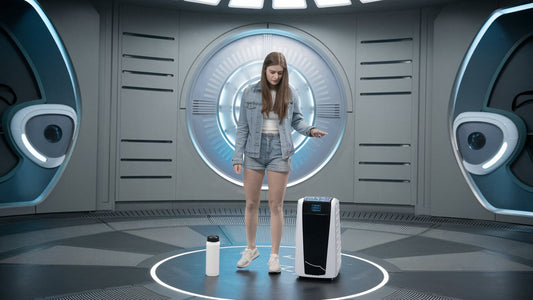 girl wondering between ion bottle and ionizer