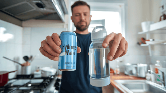 man holding a can and a bottle in front of him