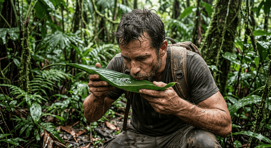 man drinking rain water from a palm leaf