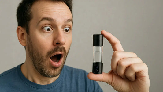 man holding a tiny hydrogen water bottle
