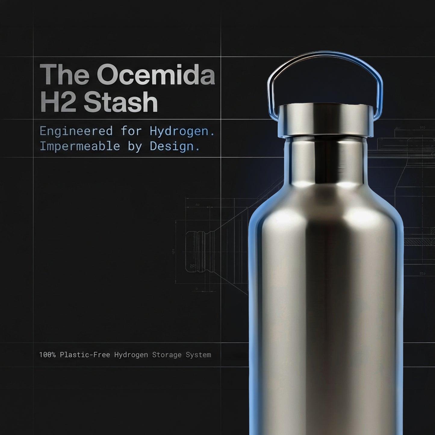 Metallic water bottle with 'The Ocemida H2 Stash' branding on a dark background