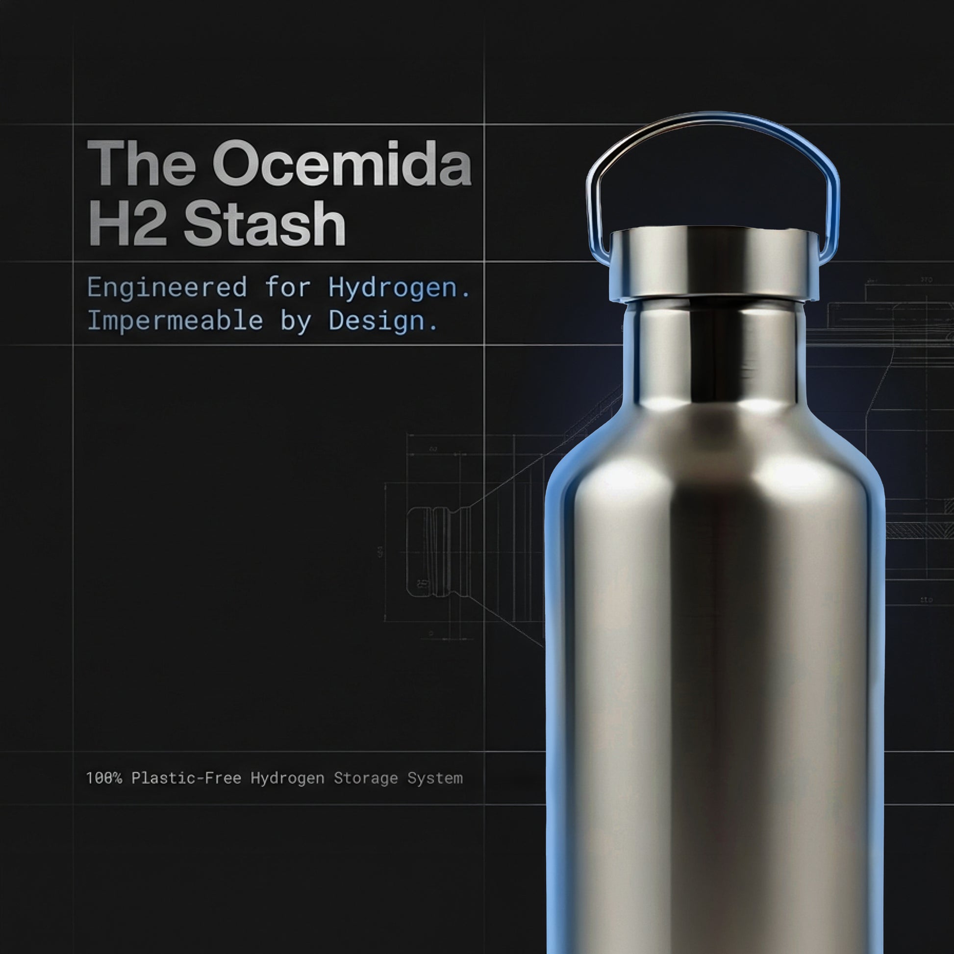 Metallic water bottle with 'The Ocemida H2 Stash' branding on a dark background