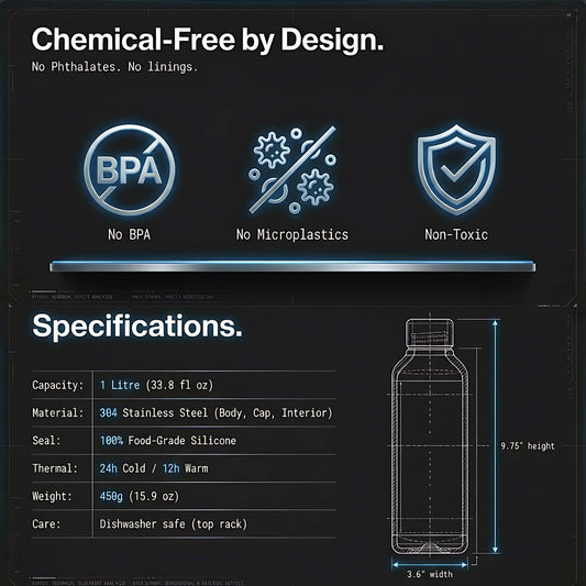 Product packaging with BPA-free, no microplastics, and non-toxic features on a dark background.
