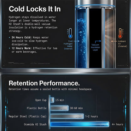 Hydrogen storage container with temperature control and retention performance data on a black background
