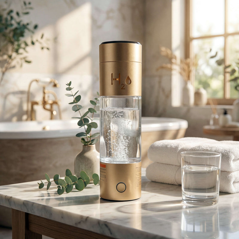 Gold and clear water bottle with 'H2O' branding on a marble surface in a bathroom setting.