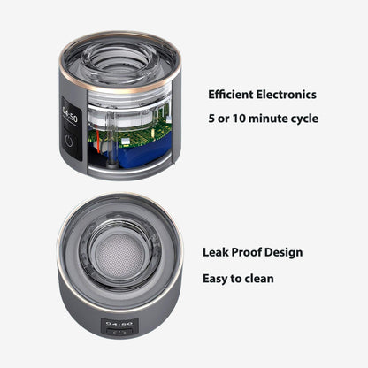 Split-view of a device with electronic components and text highlighting features on a white background