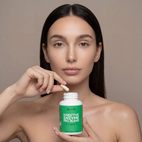 Bottle of digestive enzyme supplement with green label on a white background