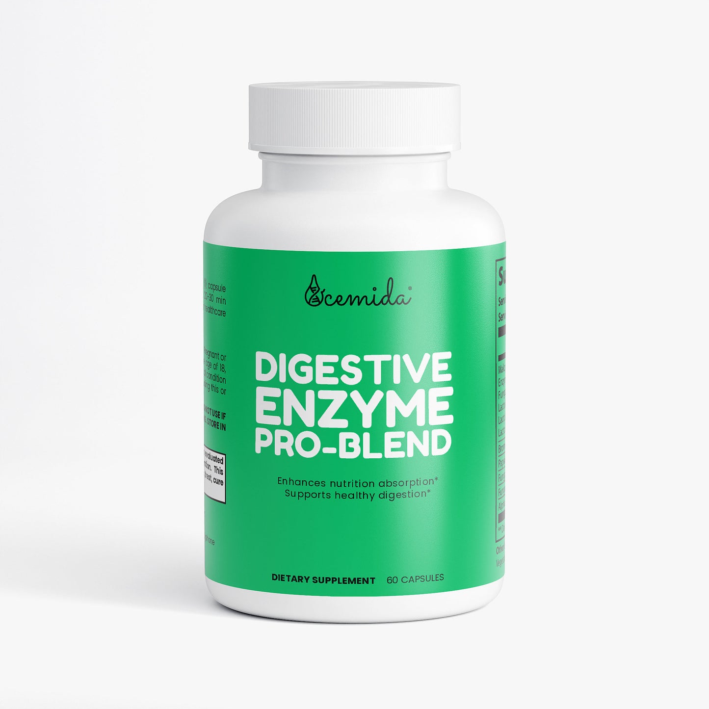 Bottle of digestive enzyme supplement with green label on a white background