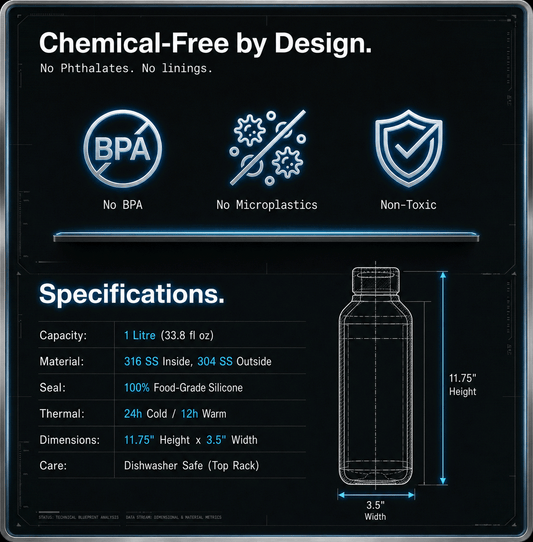 Product packaging with features and specifications on a black background