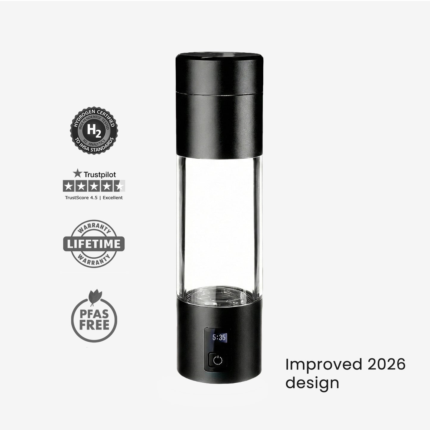 black hydrogen water bottle with certification badges
