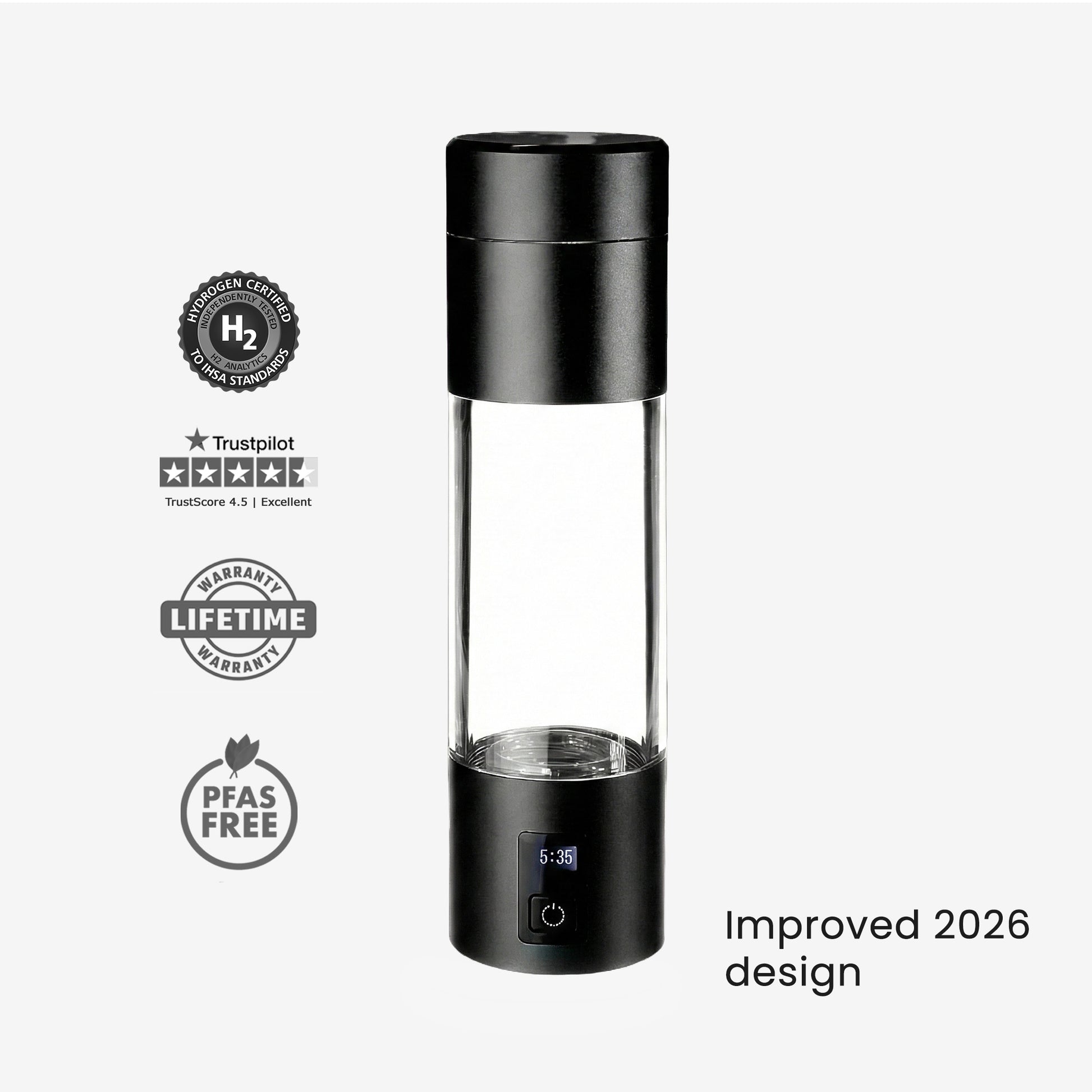 black hydrogen water bottle with certification badges