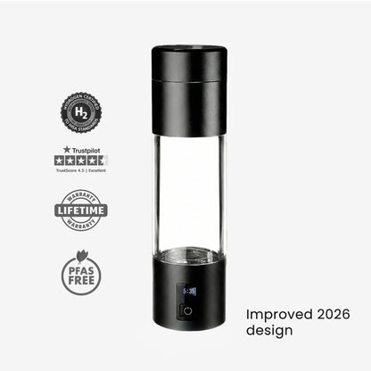 black hydrogen water bottle with certification badges
