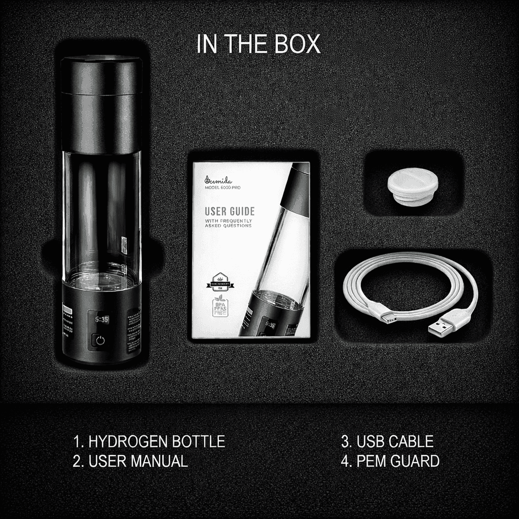 Black Nexis hydrogen bottle with user manual, USB cable, and PEM guard on a black background