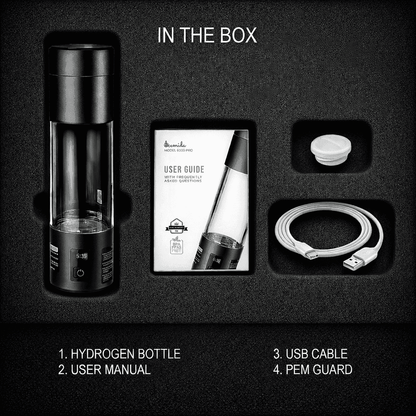Black Nexis hydrogen bottle with user manual, USB cable, and PEM guard on a black background