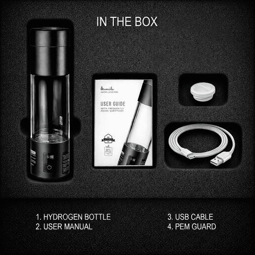 Ocemida NEXIS Black hydrogen water bottle with packaging on a white background