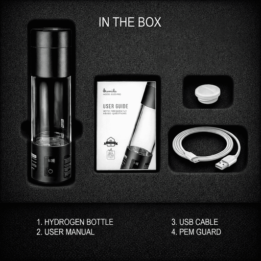 Black Nexis hydrogen bottle with user manual, USB cable, and PEM guard on a black background