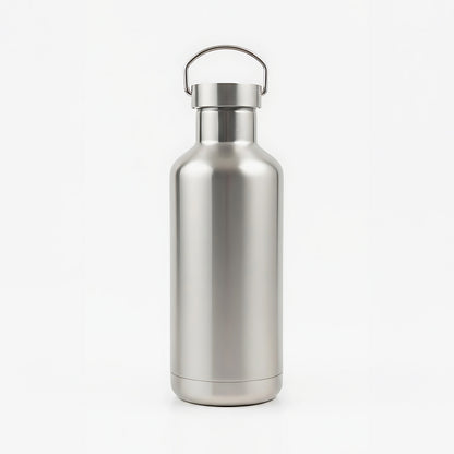 Stainless steel water bottle on a white background