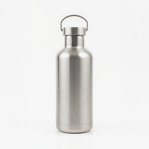 Stainless steel water bottle on a white background