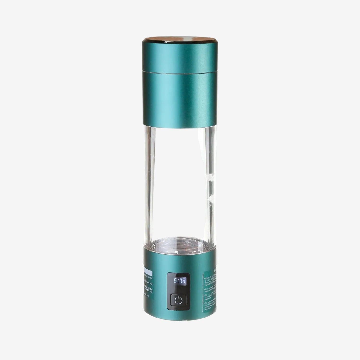 Teal and clear portable hydrogen water bottle on a white background