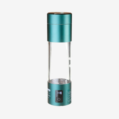 Teal and clear portable hydrogen water bottle on a white background