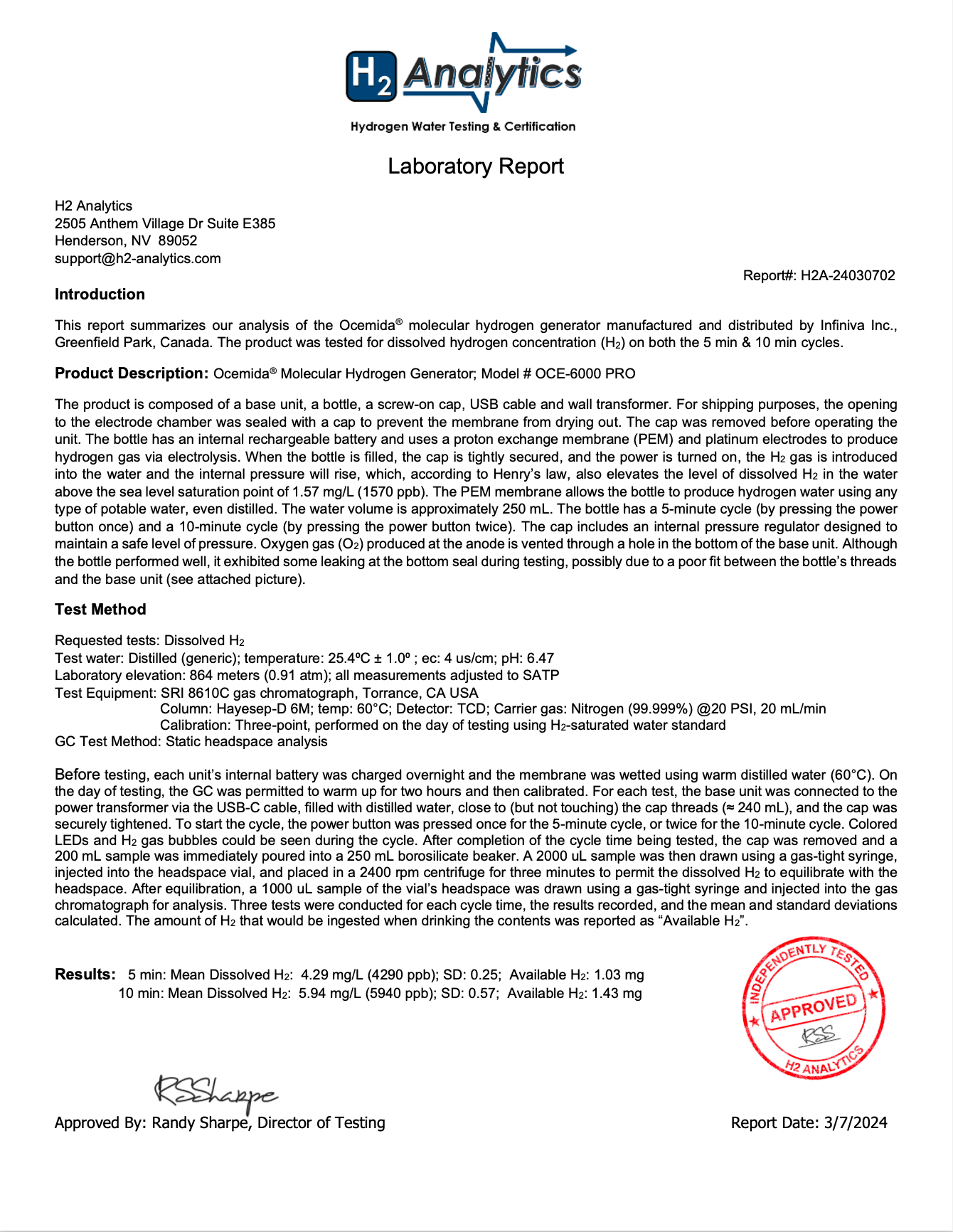 Ocemida 6000 pro hydrogen concentration certificate
