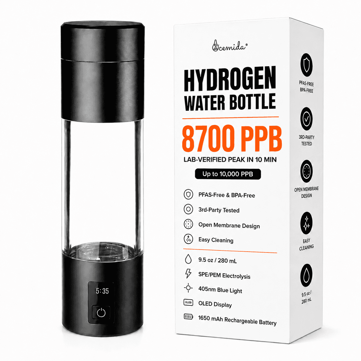 Ocemida NEXIS Black hydrogen water bottle with packaging on a white background
