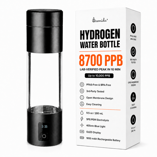 Ocemida NEXIS Black hydrogen water bottle with packaging on a white background