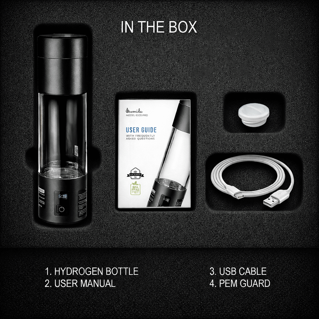 Black hydrogen bottle with user manual, USB cable, and PEM guard on a black background