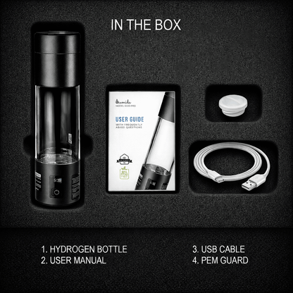 Black hydrogen bottle with user manual, USB cable, and PEM guard on a black background