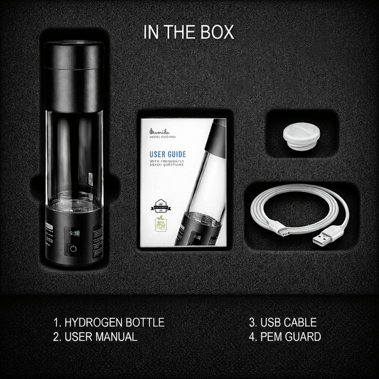 Black hydrogen bottle with user manual, USB cable, and PEM guard on a black background