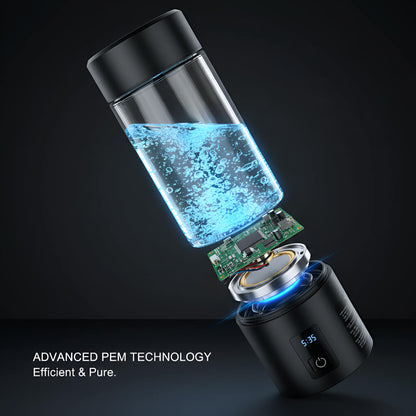 Transparent water bottle with blue liquid and electronic components on a black background, highlighting advanced PEM technology.