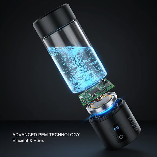Transparent water bottle with blue liquid and electronic components on a black background, highlighting advanced PEM technology.