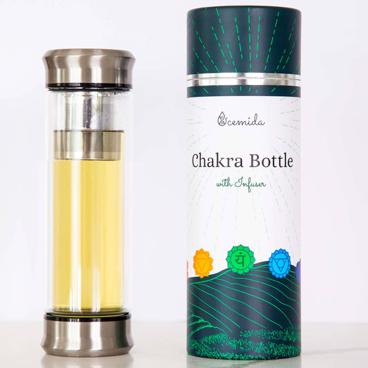 Glass tea bottle with infuser and packaging