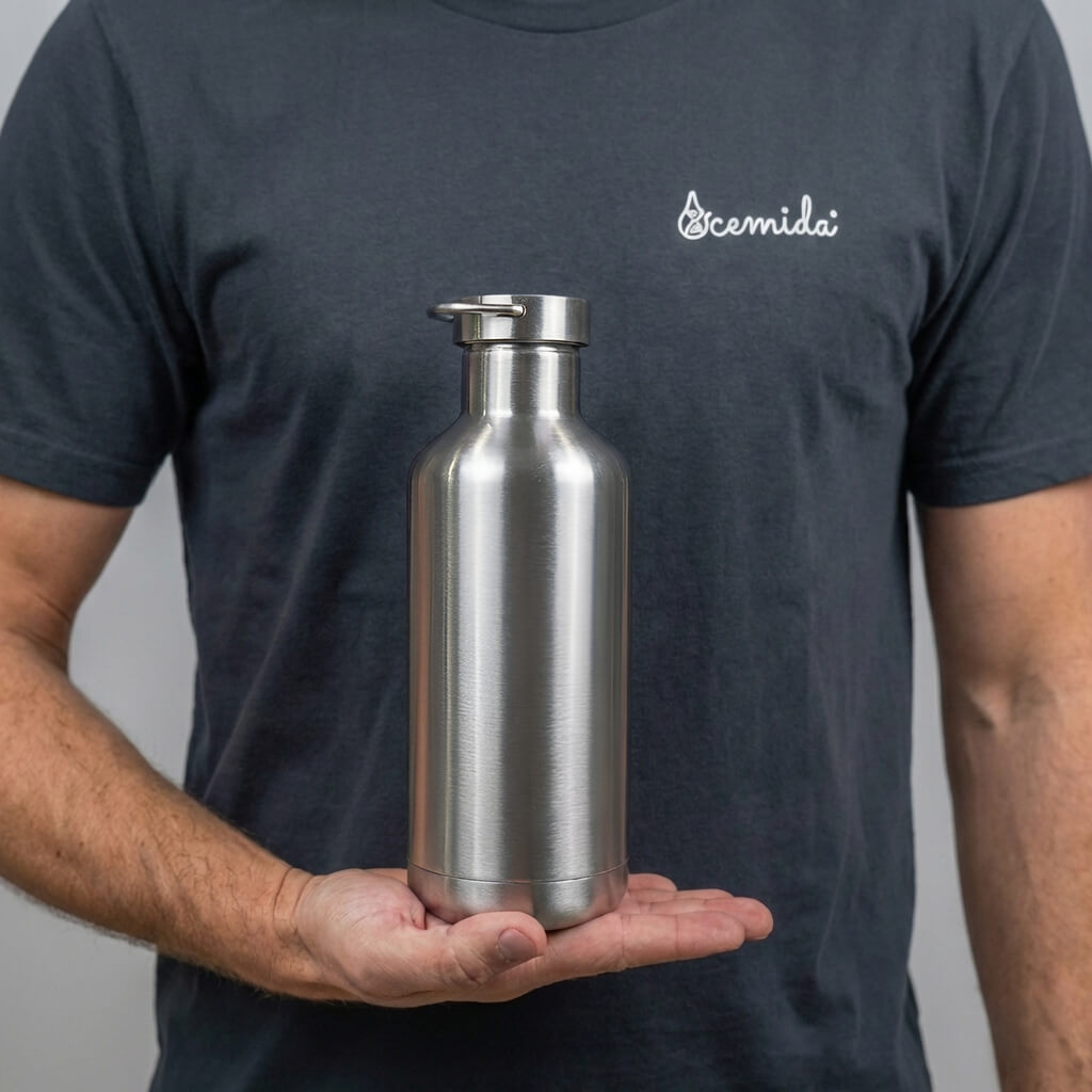 Person holding a silver water bottle with a dark gray t-shirt featuring 'Decima' branding.