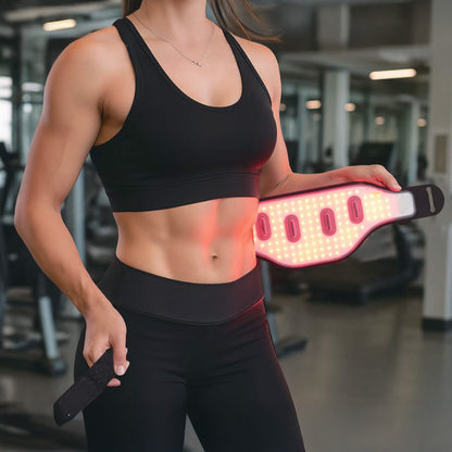 Wireless Red Light Belt - Therapy Belt for pain relief and muscle recovery, shown worn by a woman in gym attire during workout routine.