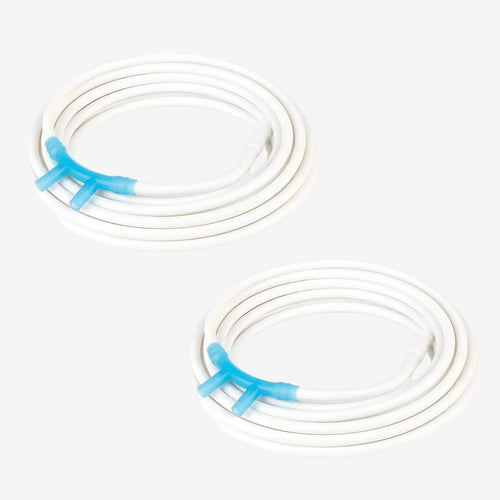 Two coiled white nasal cannulas with blue connectors on a white background