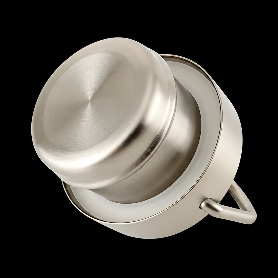 Metallic cap with handle and silicone seal on a black background