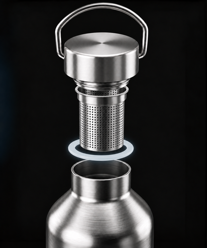 A stainless steel water bottle with a removable metal lid and a cylindrical mesh tea infuser insert, shown against a black background 