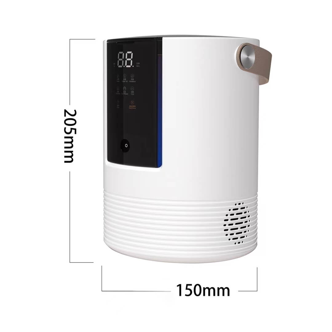 White electronic device with digital display and measurement dimensions on a white background