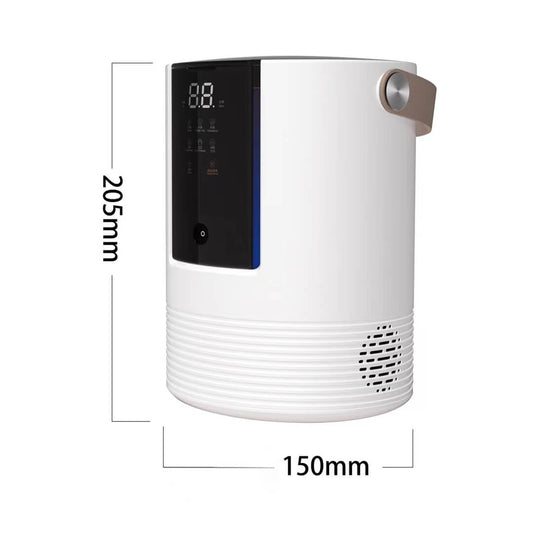 White electronic device with digital display and measurement dimensions on a white background