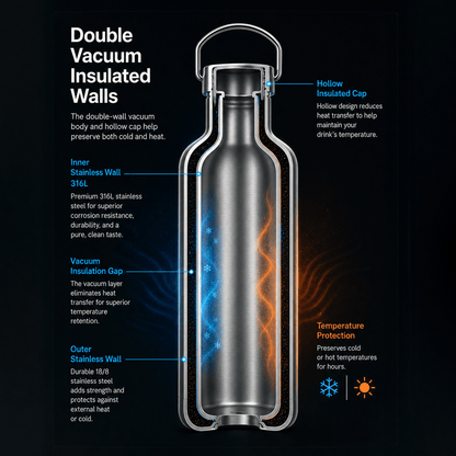 Ocemida H2Stash™ - Vacuum Insulated 316L Stainless Steel Water Bottle (Plastic Free)