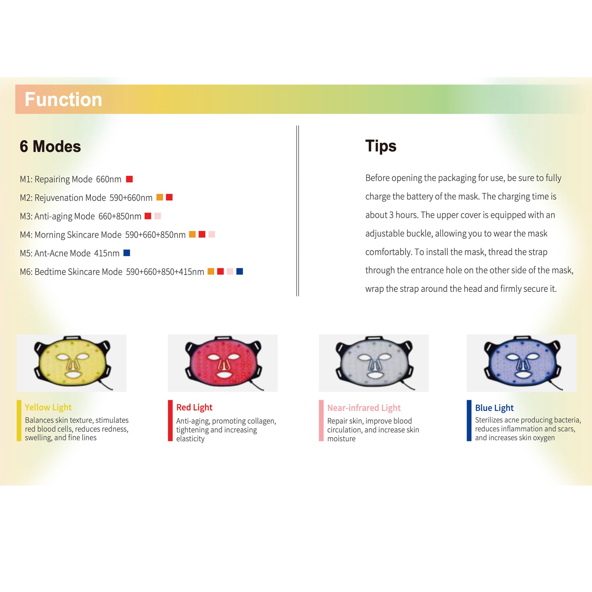 red light mask function description with modes and tips